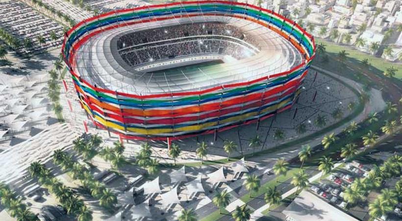 Le stade Al-Gharafa aura une capacité de 44’740 personnes. Sa façade sera composée de rubans représentant les nations qui seront qualifiées en 2022. dr